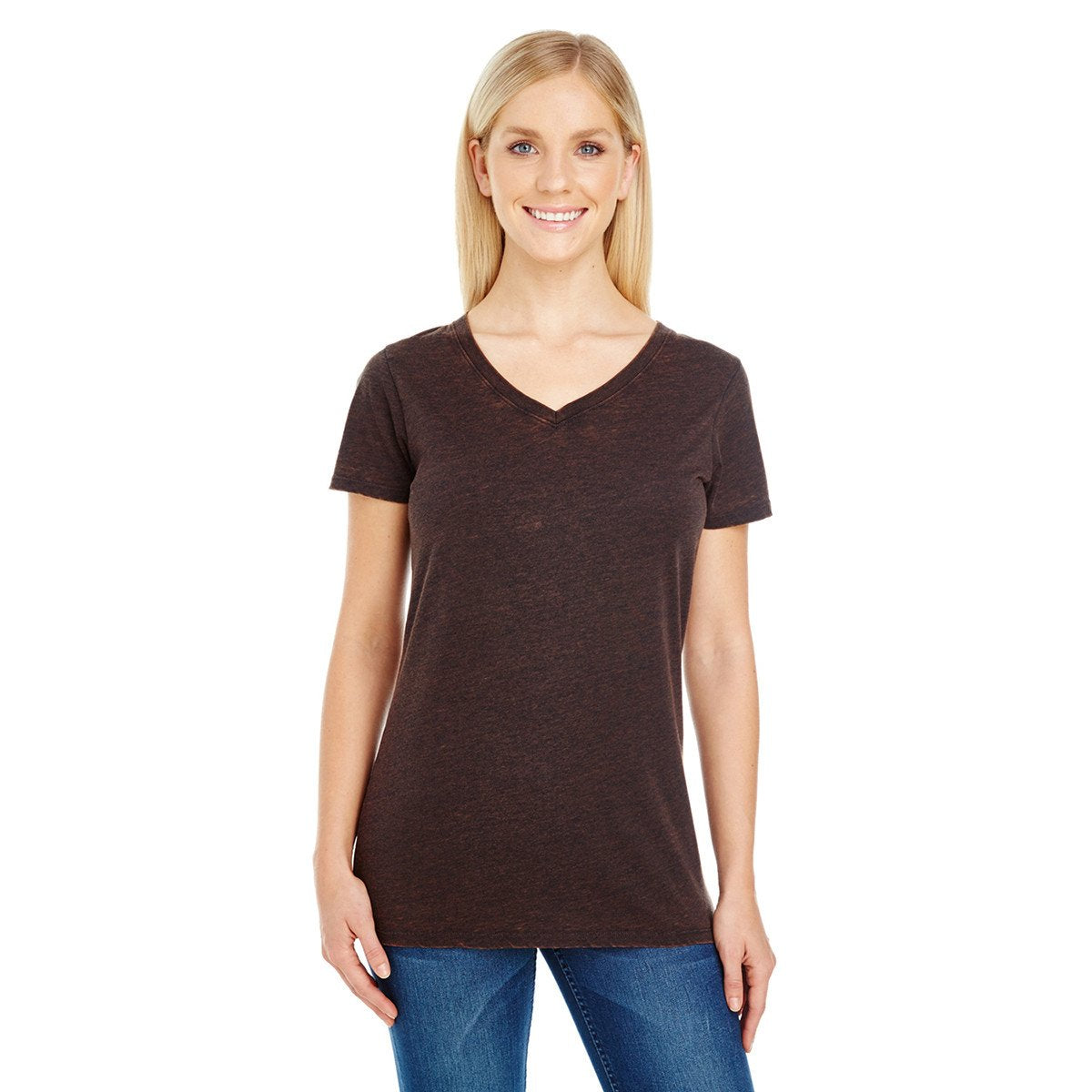 Threadfast Women's Unique Flame Cross Dye V-Neck Short-Sleeve T-Shirt