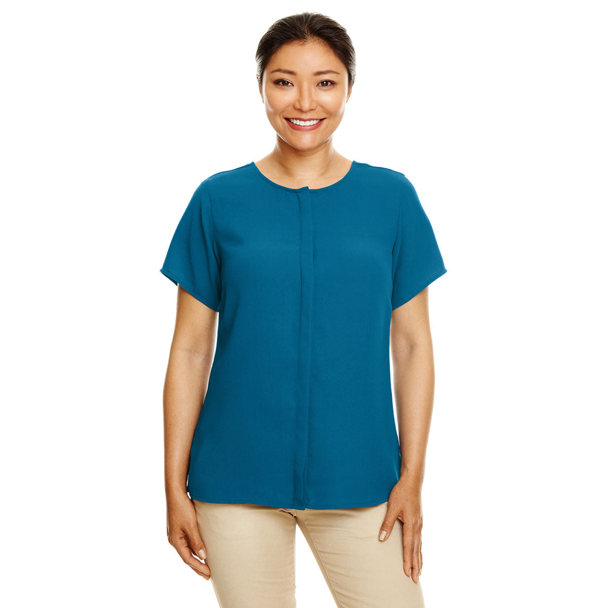 Devon & Jones Women's Alluring Dark Teal Perfect Fit Short-Sleeve Crepe Blouse
