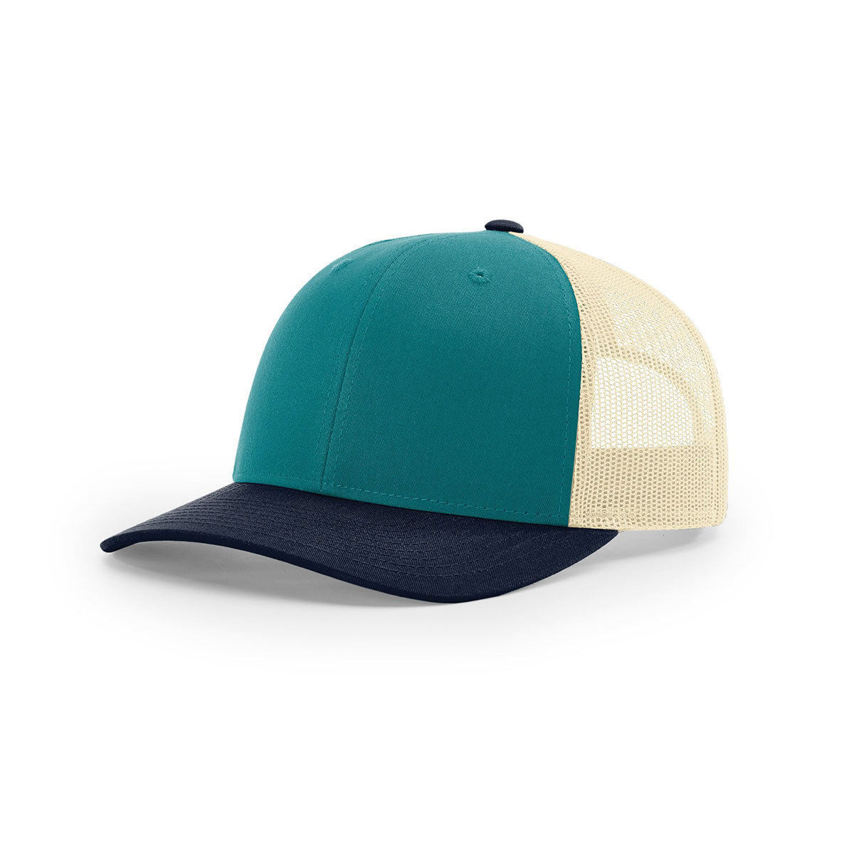 Richardson Tri-Color Low Pro Trucker Hat: Blue Teal, Birch, Navy Mesh Back
