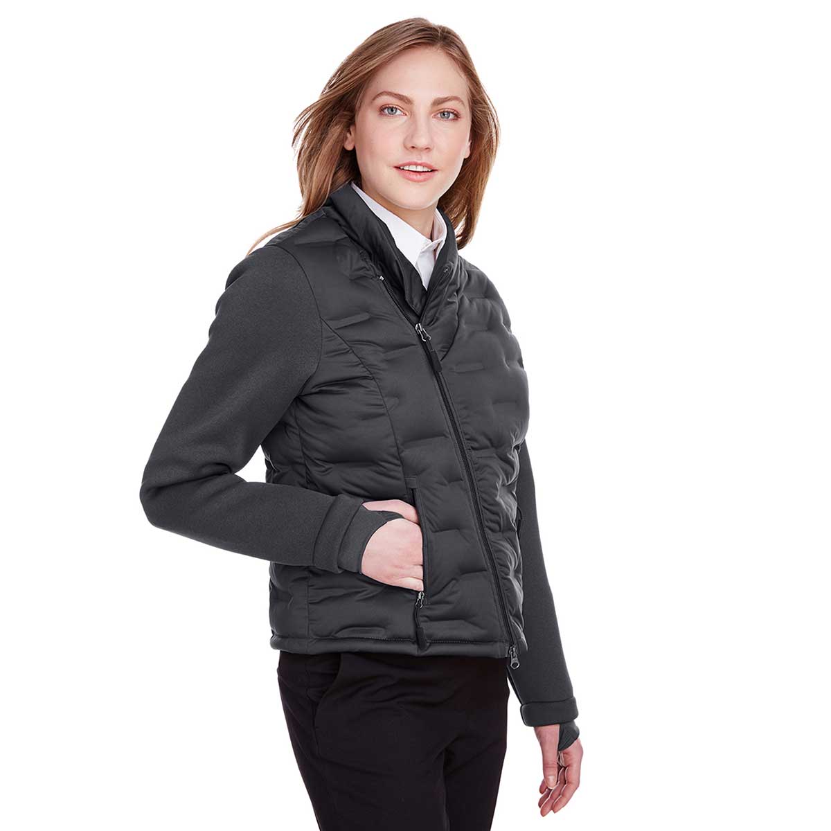 North End Women's Stylish Carbon/Black Heather/Black Pioneer Hybrid Bomber Jacket