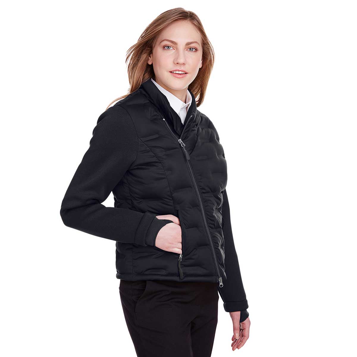 North End Women's Stunning Black/Black/Carbon Pioneer Hybrid Bomber Jacket
