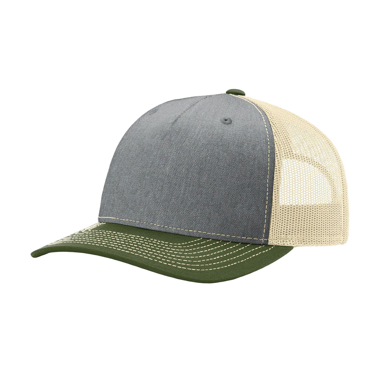 Richardson Stylish Five - Panel Trucker Cap in Heather Grey, Birch & Army Olive