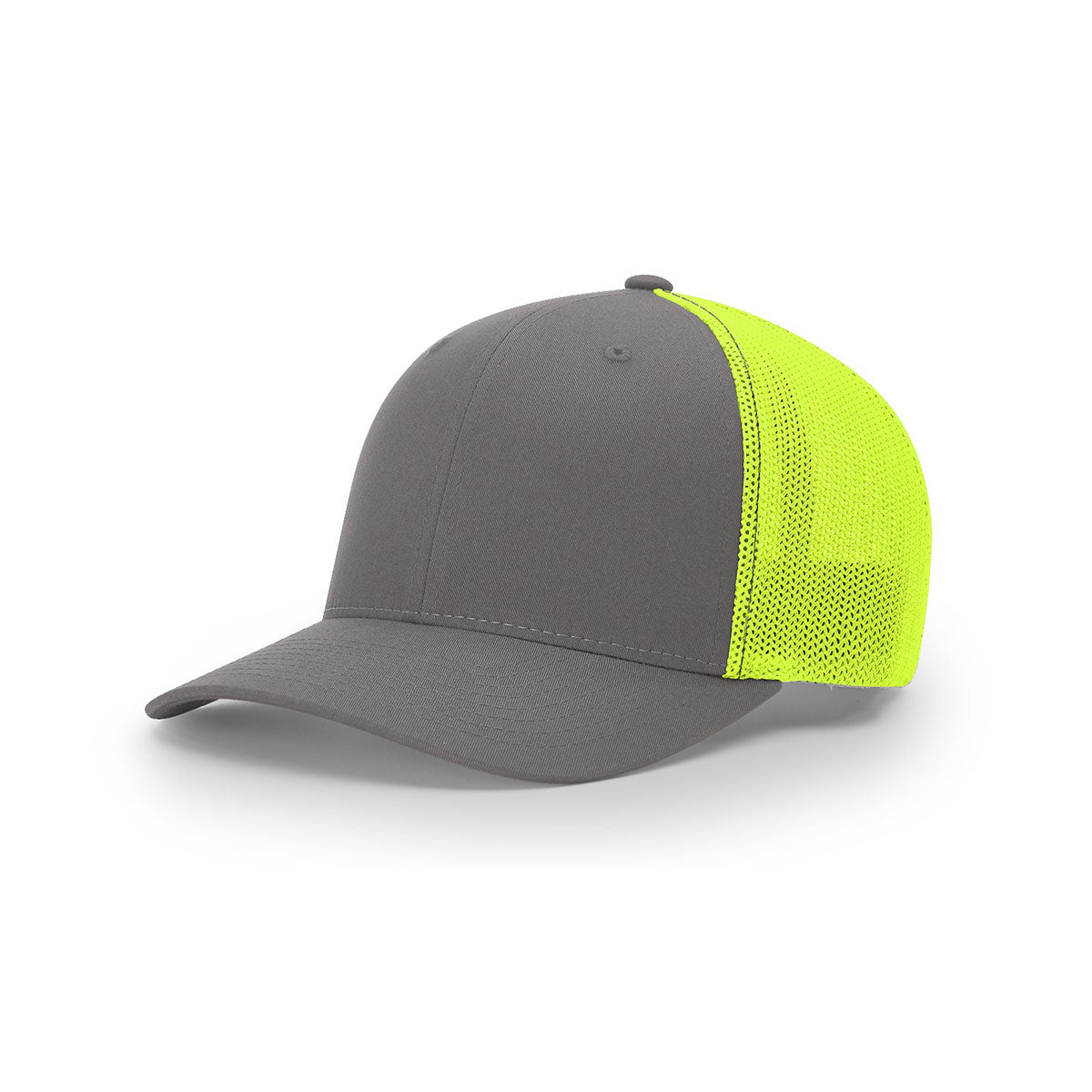 Richardson R-Flex Mesh Back Split Trucker Hat in Charcoal/Neon Yellow