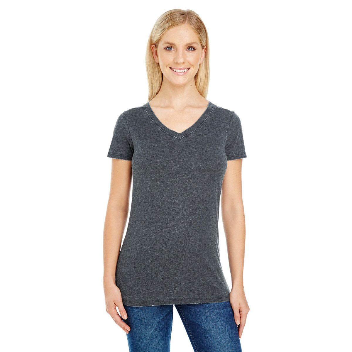 Threadfast Women's Charcoal Vintage Short-Sleeve V-Neck T-Shirt - Ideal for Summer!