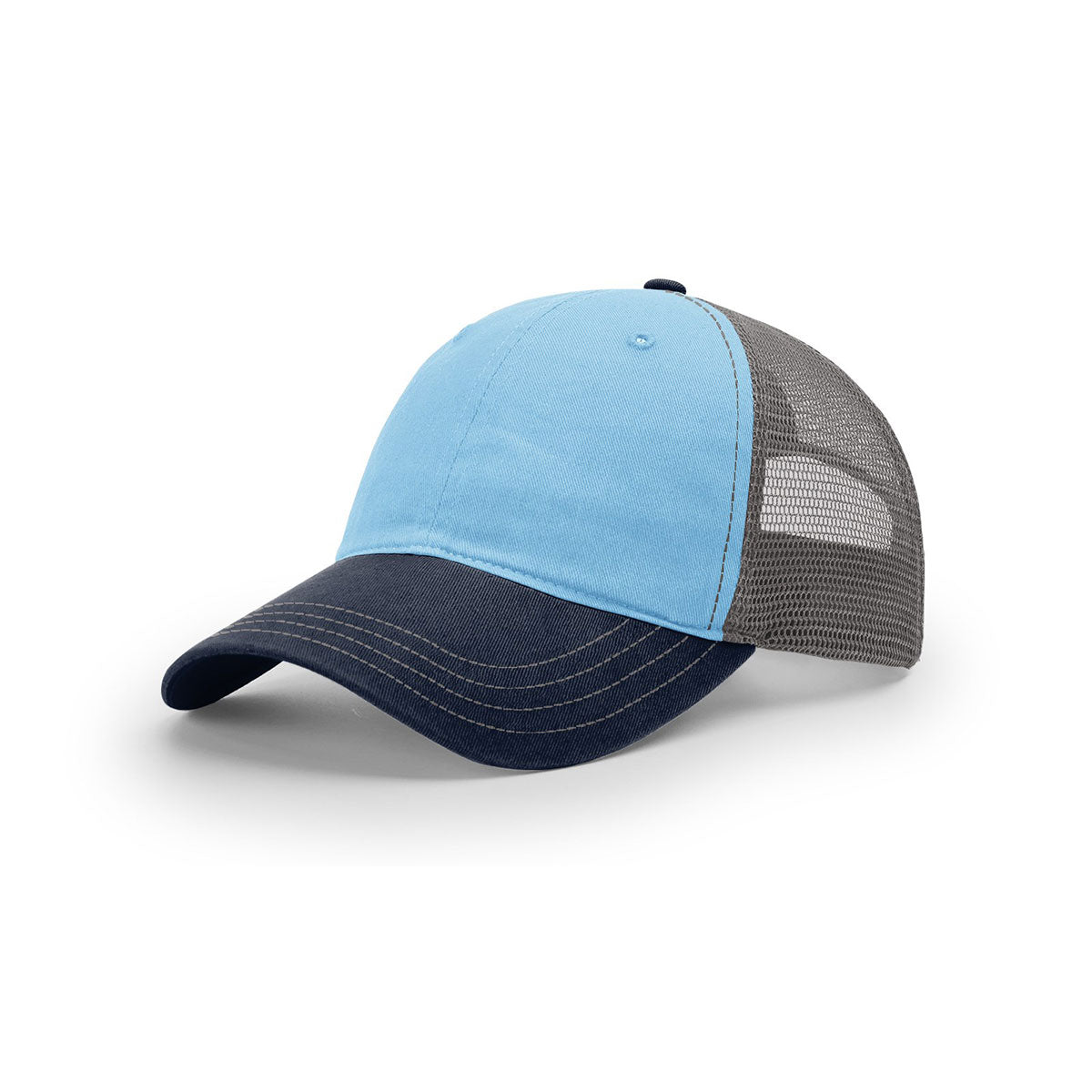 Richardson Tri-Color Mesh Back Trucker Hat: Columbia Blue, Charcoal, Navy