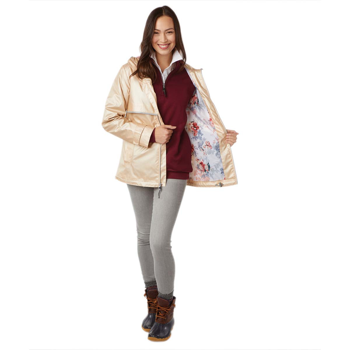 Charles River Women's Stunning Champagne/Floral New Englander Rain Jacket with Exquisite Floral Printed Lining