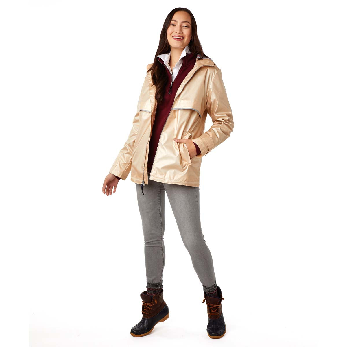 Charles River Women's Stunning Champagne/Floral New Englander Rain Jacket with Exquisite Floral Printed Lining