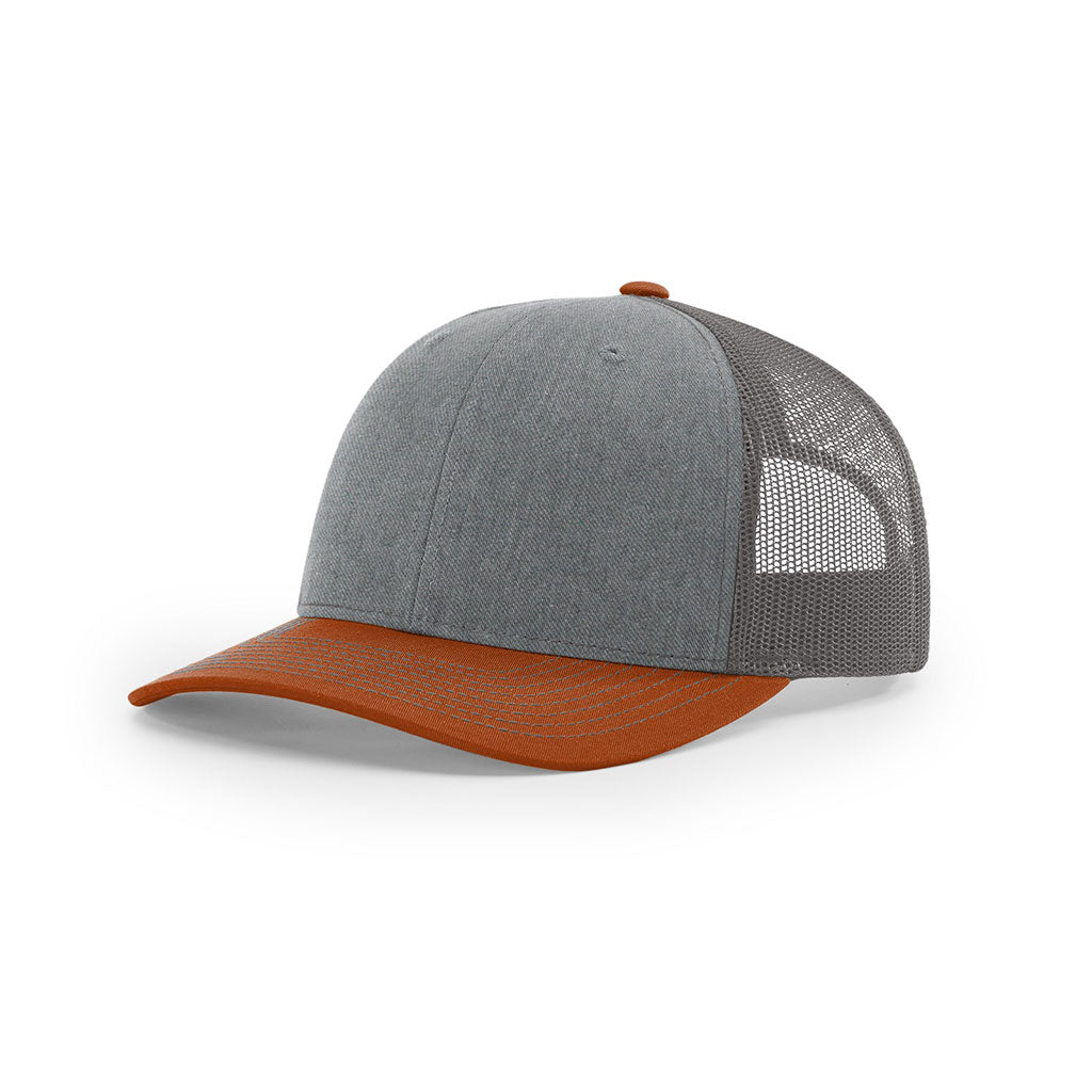 Richardson Tri - Color Mesh Back Trucker Hat: Heather Grey, Charcoal & Dark Orange