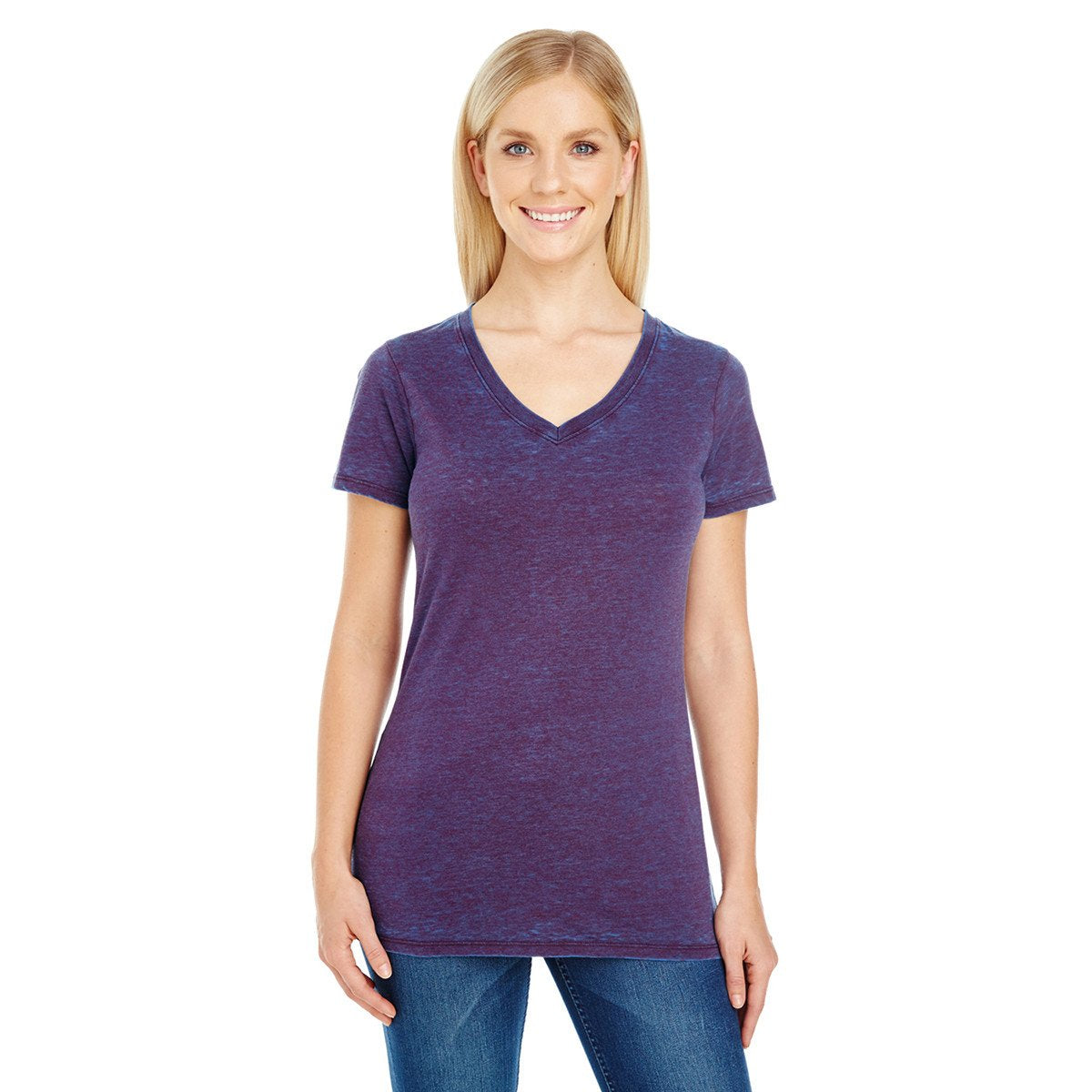 Threadfast Apparel Women's Stunning Berry Cross Dye Short-Sleeve V-Neck T-Shirt