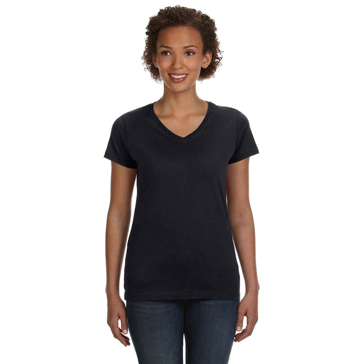 LAT Women's Stylish Black V-Neck Fine Jersey Customizable T-Shirt