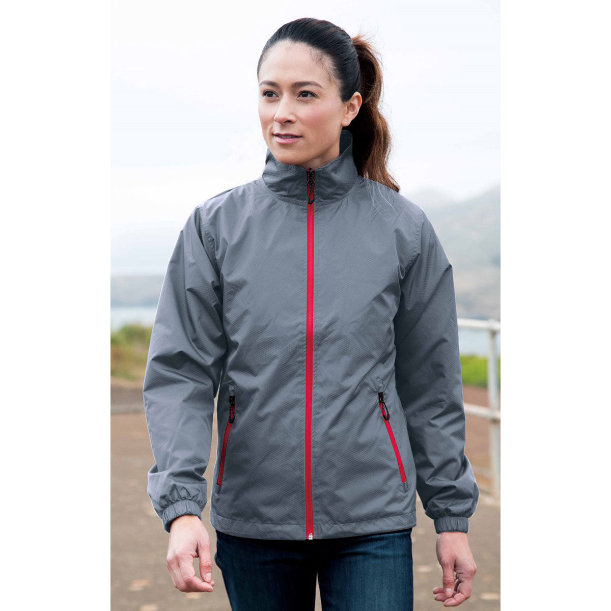 Landway Women's Charcoal/Red Aerolite Mesh Lined Windbreaker - A Stylish and Practical Corporate Choice
