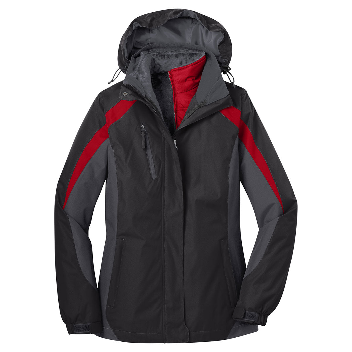 Port Authority Women's Stylish Colorblock 3-in-1 Jacket: Black, Magnet Grey & Signal Red