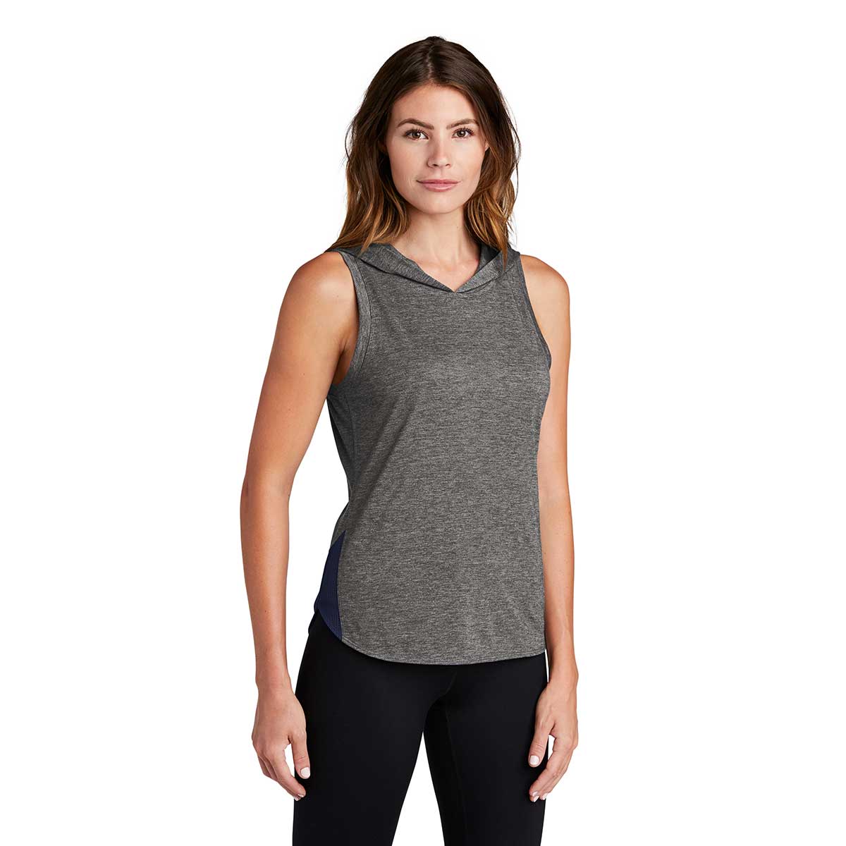 Sport-Tek Women's Stylish Navy/Grey Heather PosiCharge Wicking Hoodie Tank