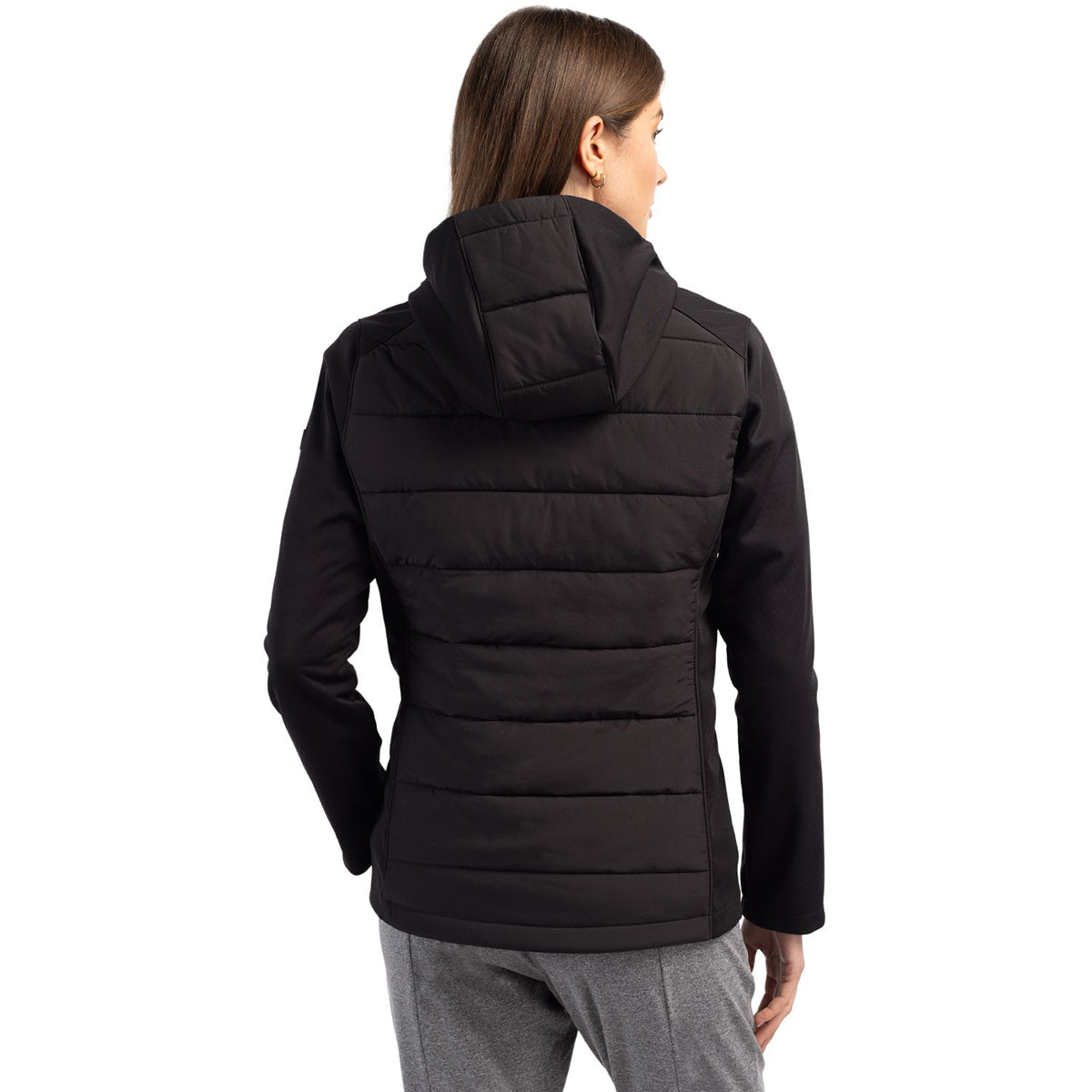 Cutter & Buck Women's Black Evoke Hybrid Eco Softshell: A Recycled Full Zip Hooded Jacket for Adventure