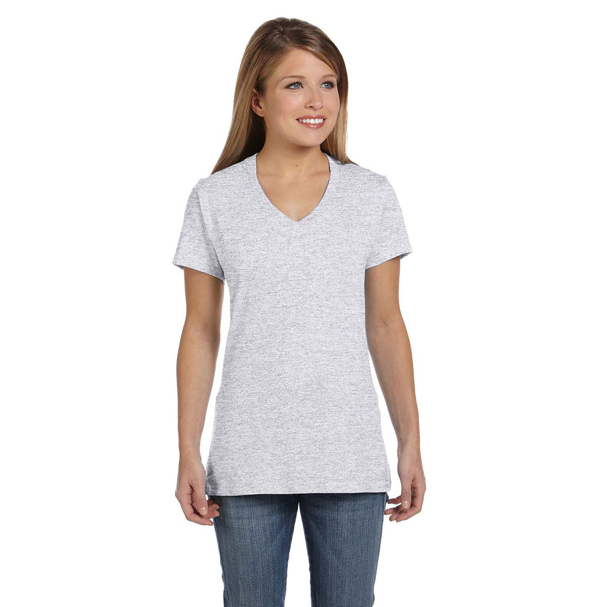 Hanes Women's Ash 4.5 oz. 100% Ringspun Cotton Nano-T V-Neck T-Shirt - A Must-Have for Women!