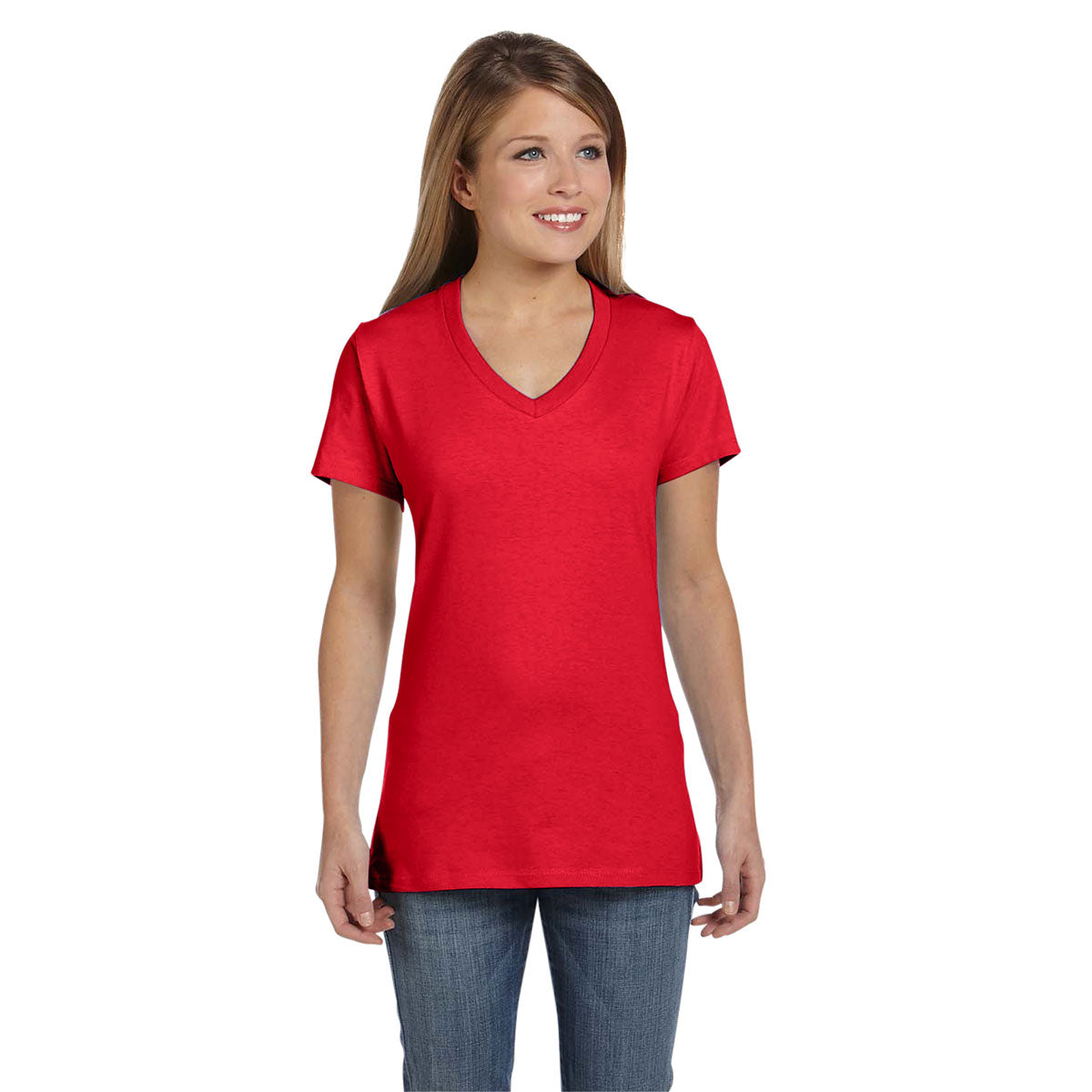 Hanes Women's Athletic Red 4.5 oz. 100% Ringspun Cotton nano-T V-Neck T-Shirt: A Must-Have for Stylish Women