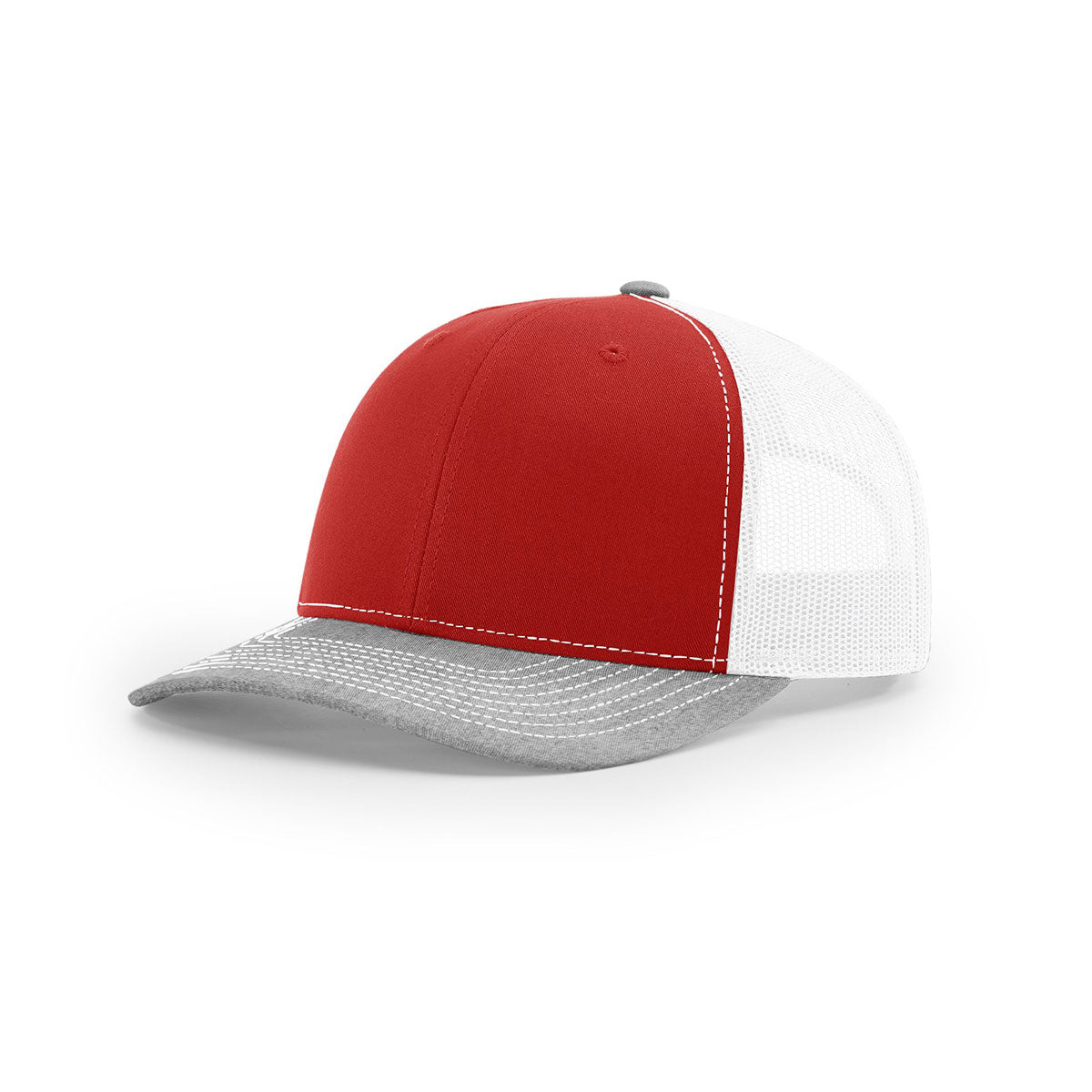Richardson Tri-Color Mesh Back Trucker Hat: Red, White & Heather Grey