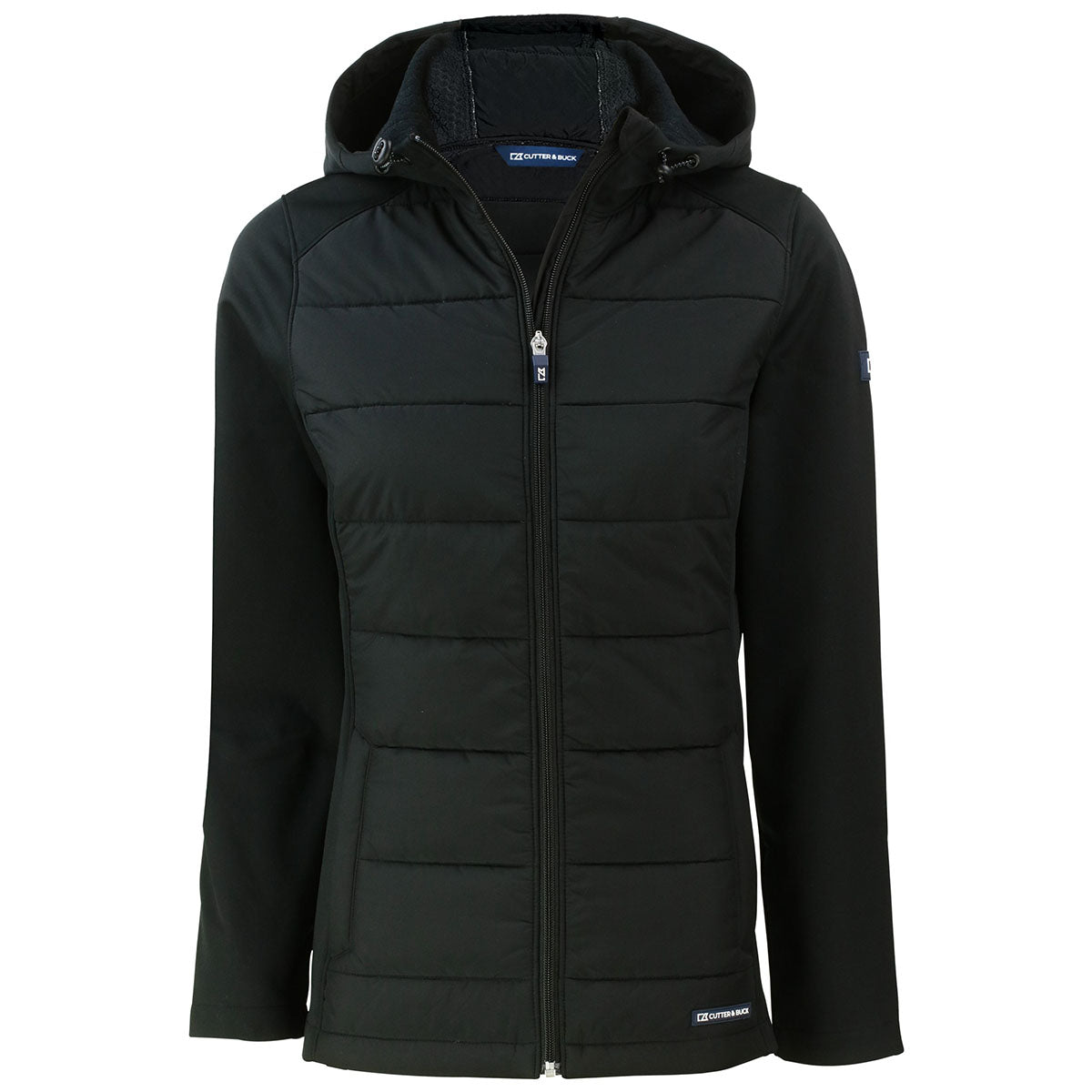Cutter & Buck Women's Black Evoke Hybrid Eco Softshell: A Recycled Full Zip Hooded Jacket for Adventure