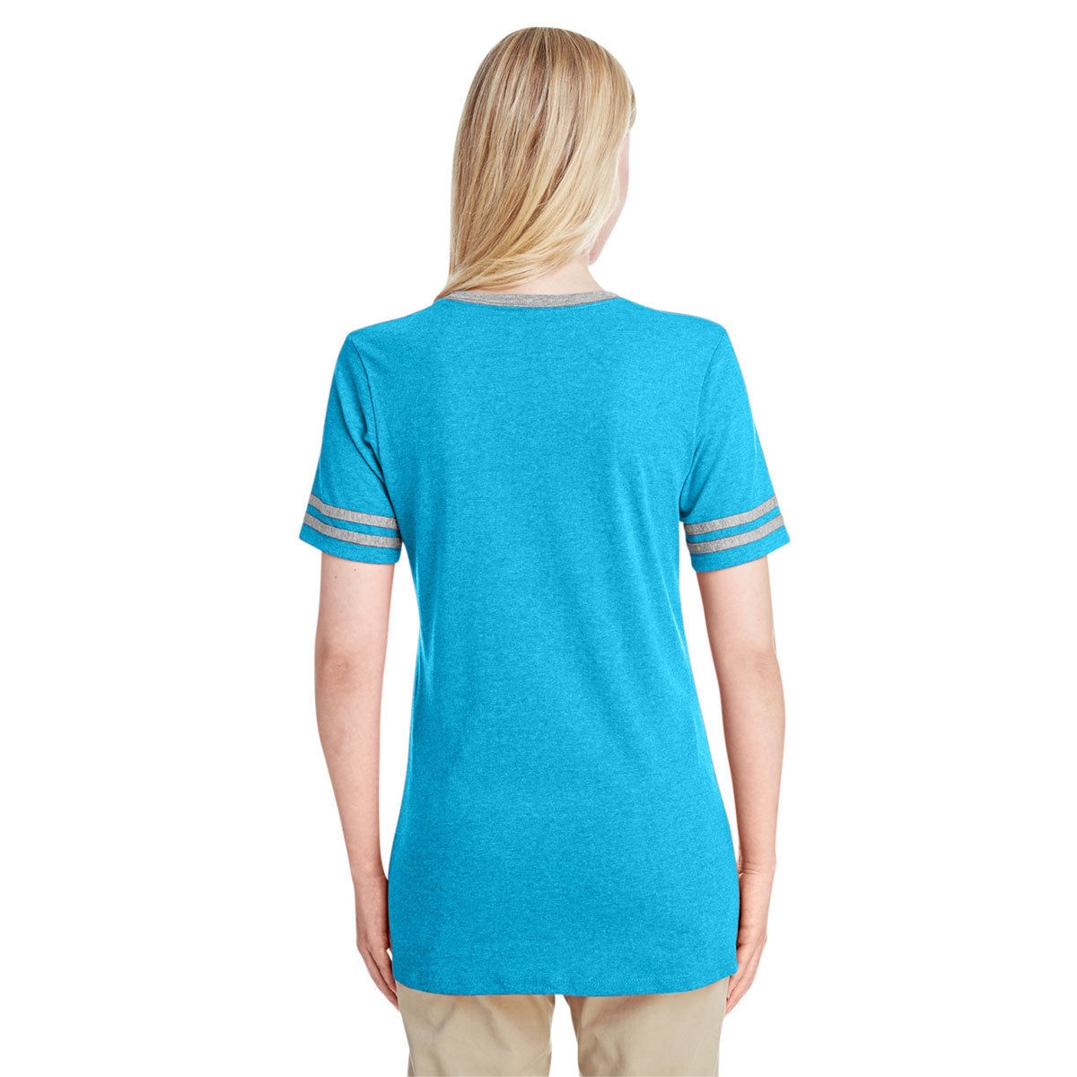 Jerzees Women's Caribbean Blue Heather/Oxford Tri-Blend Varsity V-Neck T-Shirt: A Stylish and Comfortable Choice!