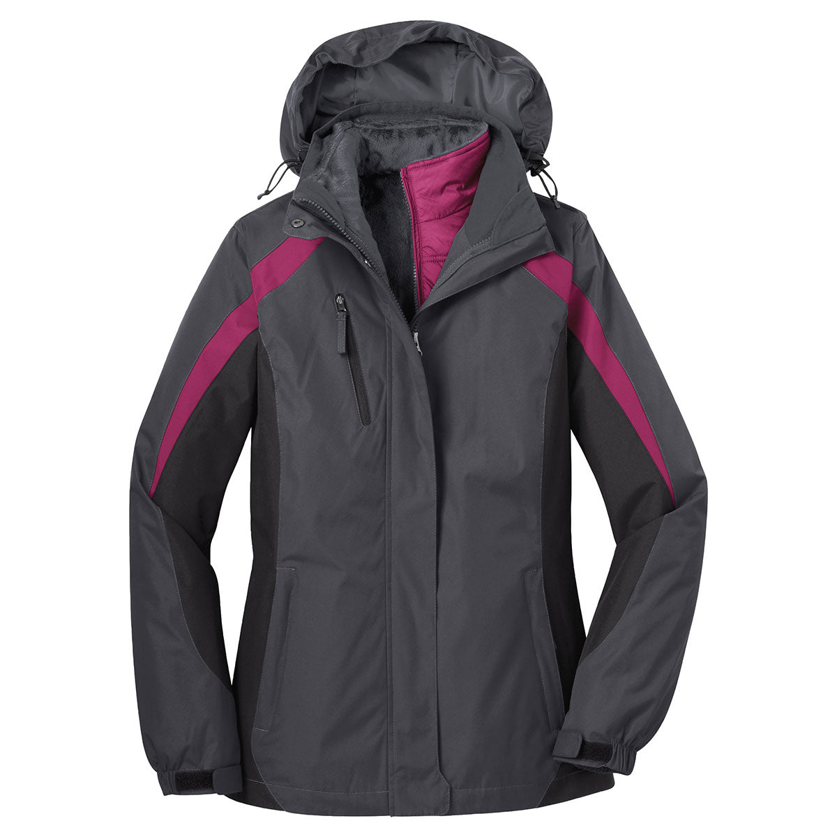Port Authority Women's Stunning Magnet Grey/Black/Very Berry Colorblock 3-in-1 Jacket - A Must-Have for Tough Weather!
