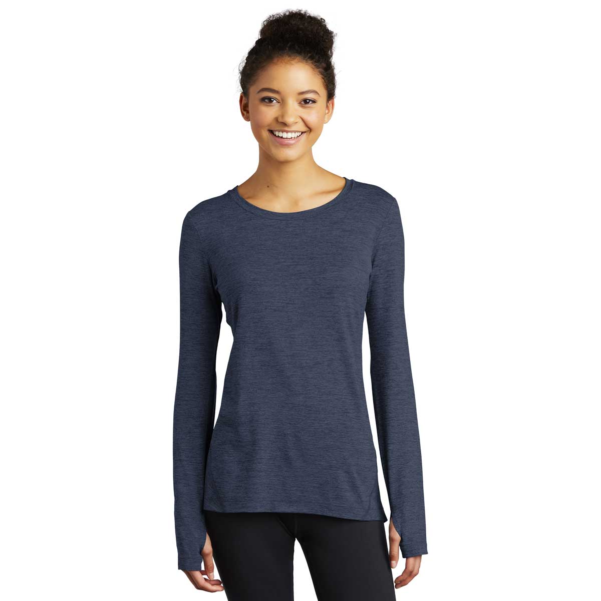 Sport-Tek Women's Dark Denim Heather Exchange 1.5 Long Sleeve Crew - The Perfect Blend of Style and Comfort