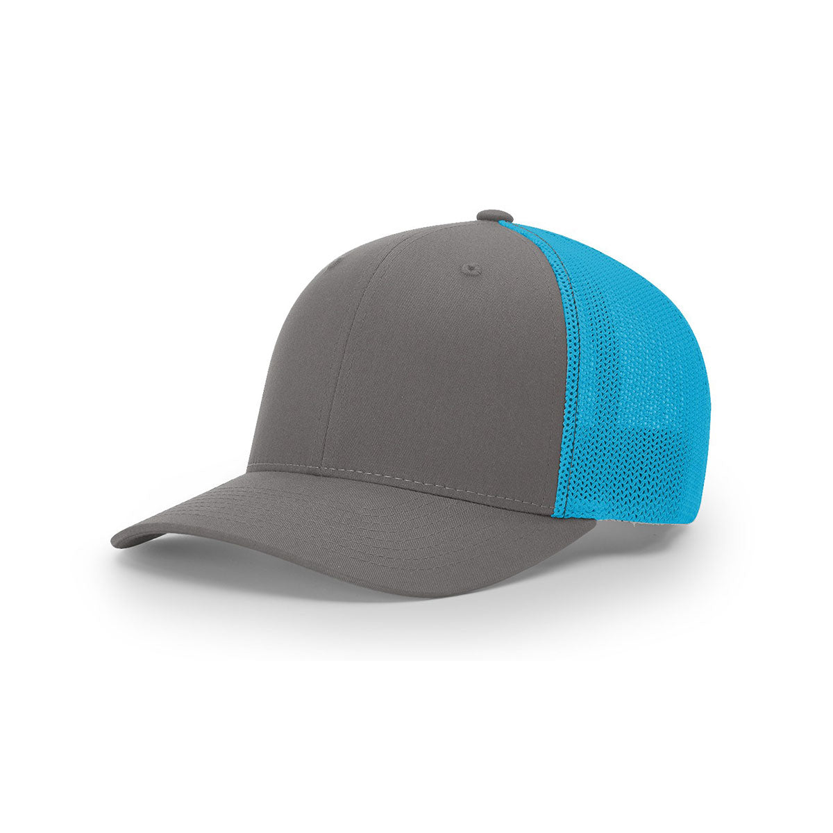 Richardson R-Flex Trucker Hat: Charcoal/Neon Blue Mesh Back Split