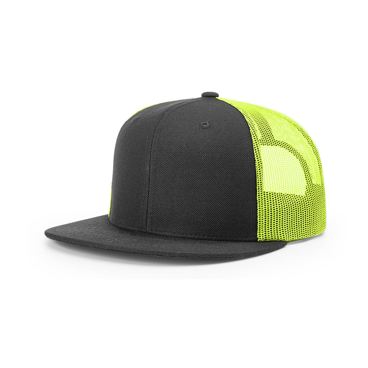 Richardson's Stunning Black/Neon Yellow Mesh Back Wool Blend Flatbill Trucker Hat