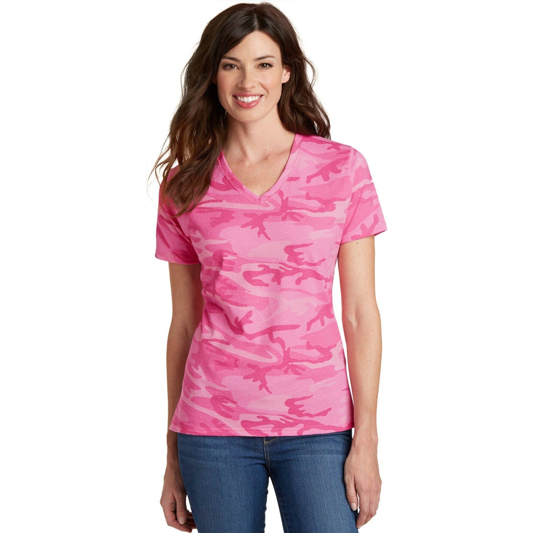 Hurry! Closeout - Port & Company Ladies' Camo V-Neck Cotton Tee