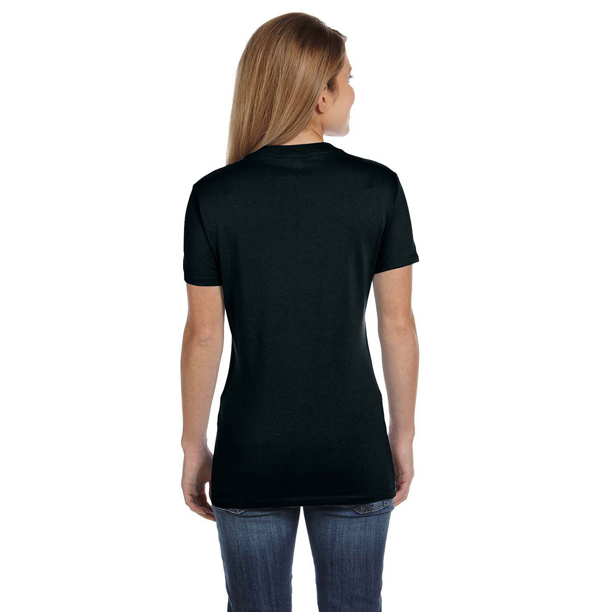 Hanes Women's Stunning Black 4.5 oz. 100% Ringspun Cotton nano-T V-Neck T-Shirt