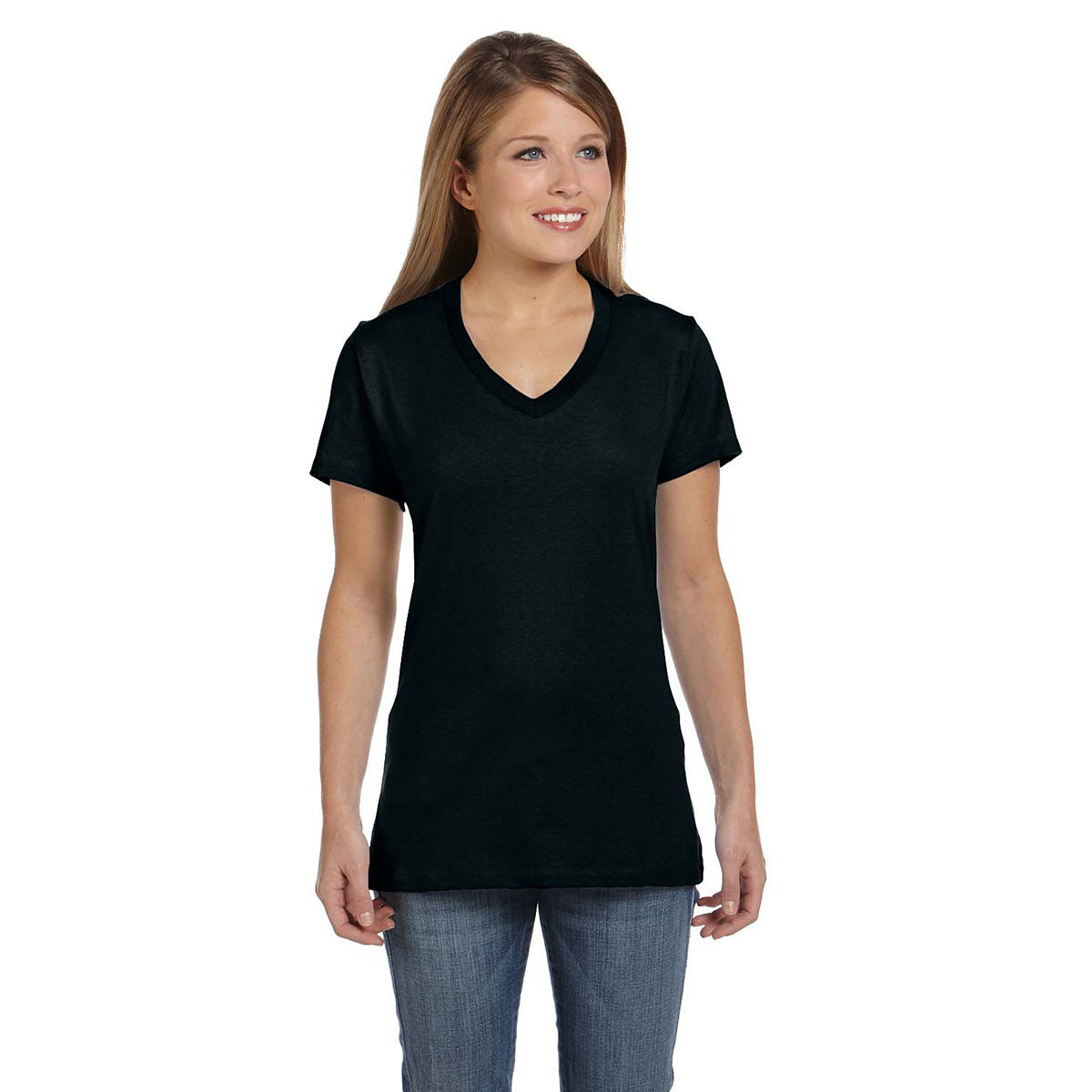 Hanes Women's Stunning Black 4.5 oz. 100% Ringspun Cotton nano-T V-Neck T-Shirt
