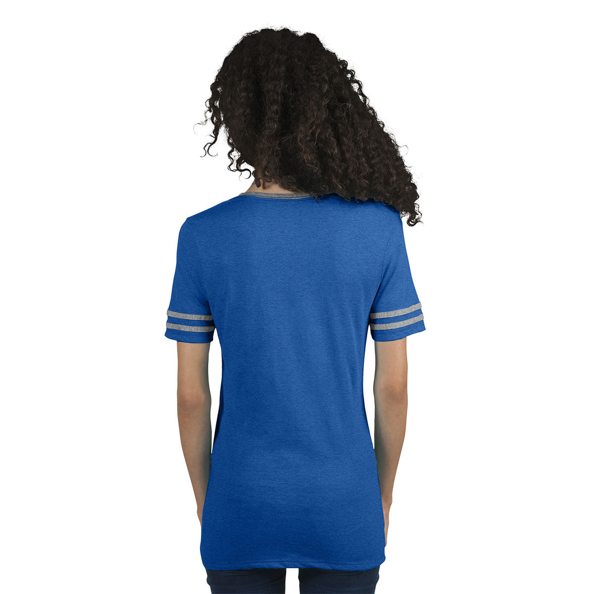 Jerzees Women's Stunning True Blue Heather/Oxford 4.5 Oz Tri-Blend Varsity V-Neck T-Shirt