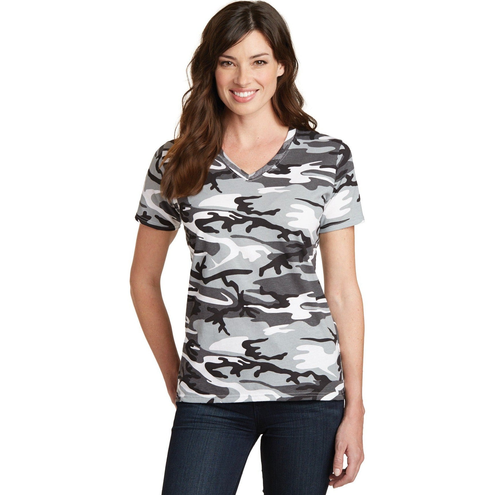 Hurry! Closeout - Port & Company Ladies' Camo V-Neck Cotton Tee