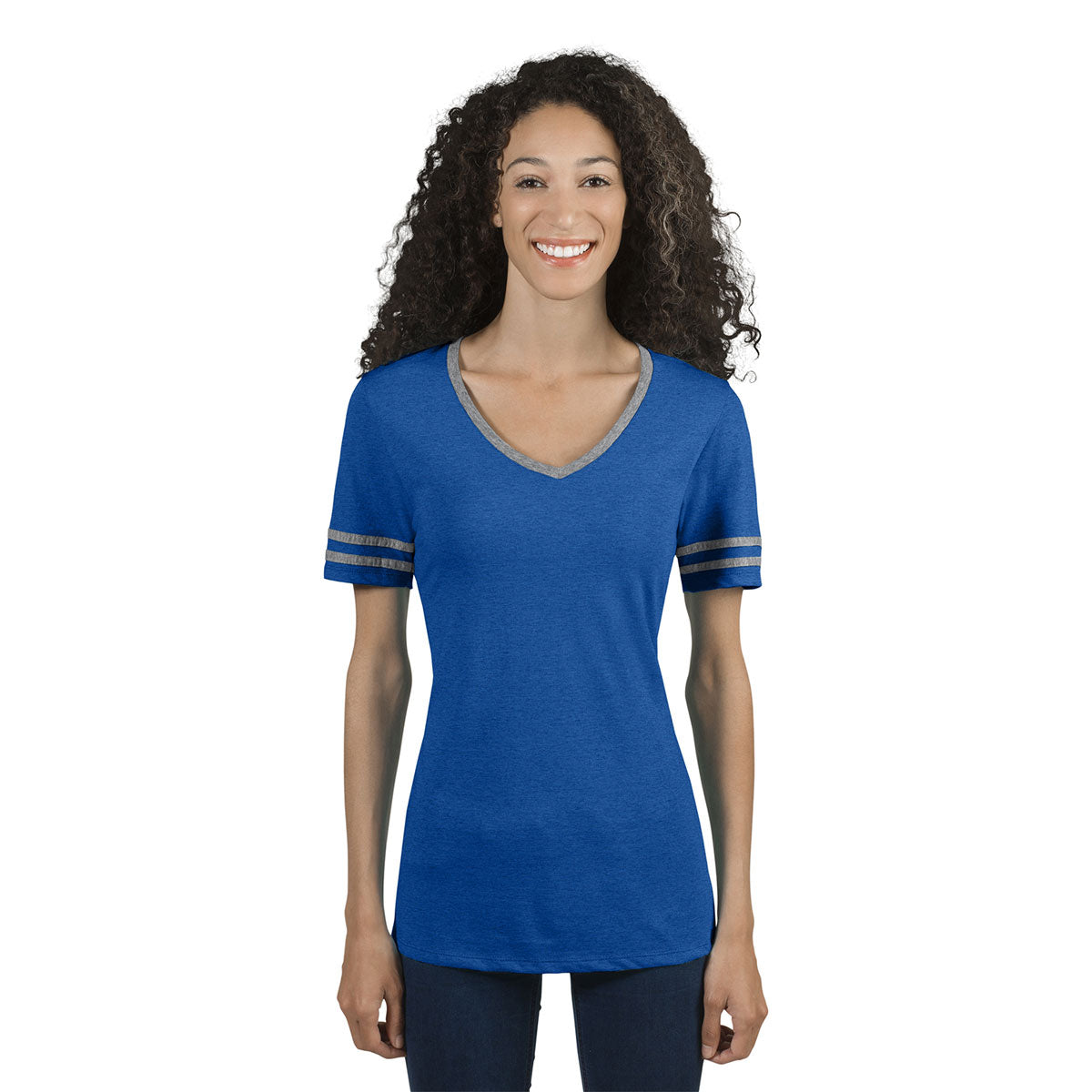 Jerzees Women's Stunning True Blue Heather/Oxford 4.5 Oz Tri-Blend Varsity V-Neck T-Shirt