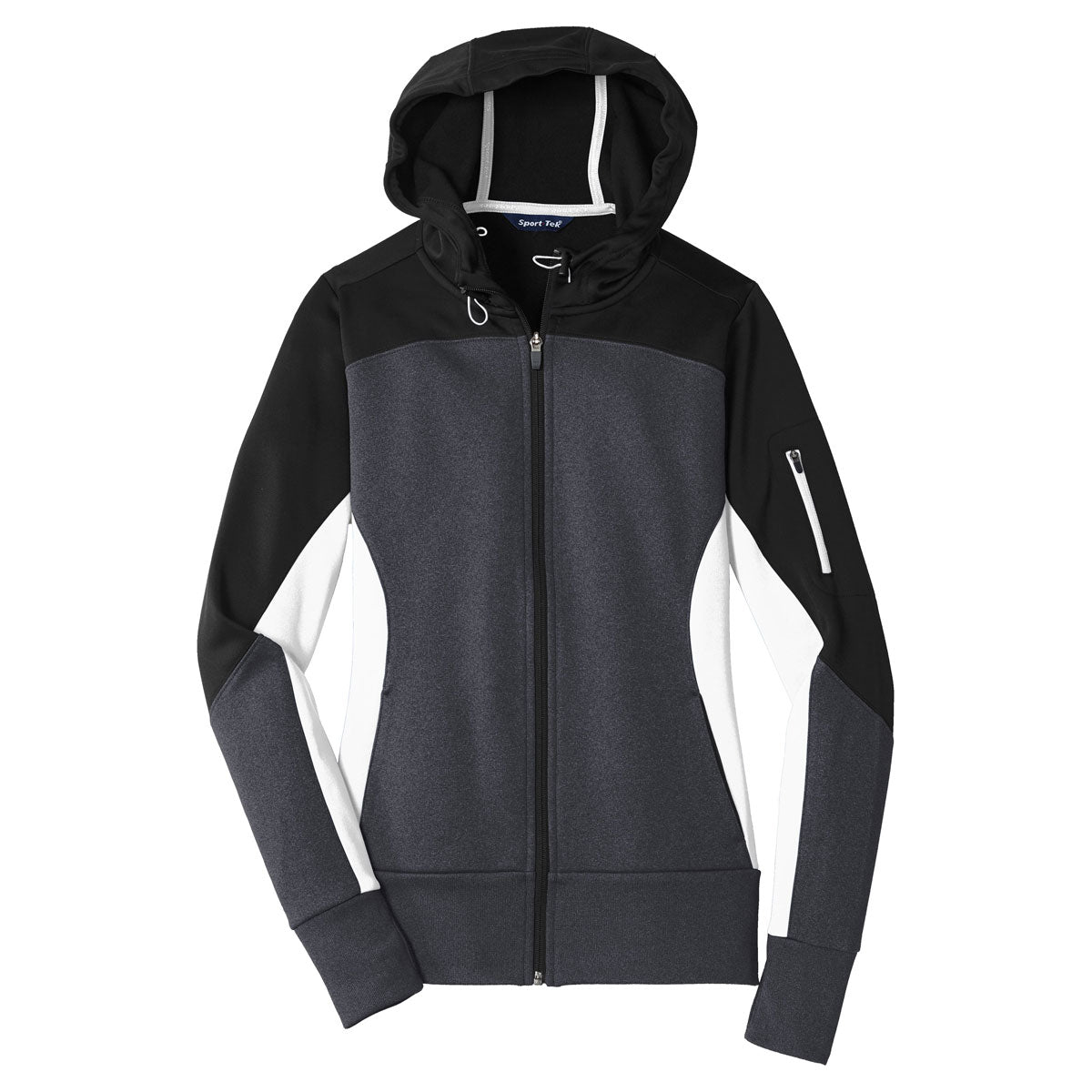 Sport-Tek Women's Stylish Tech Fleece Colorblock Full-Zip Hooded Jacket in Black/Graphite Heather/White