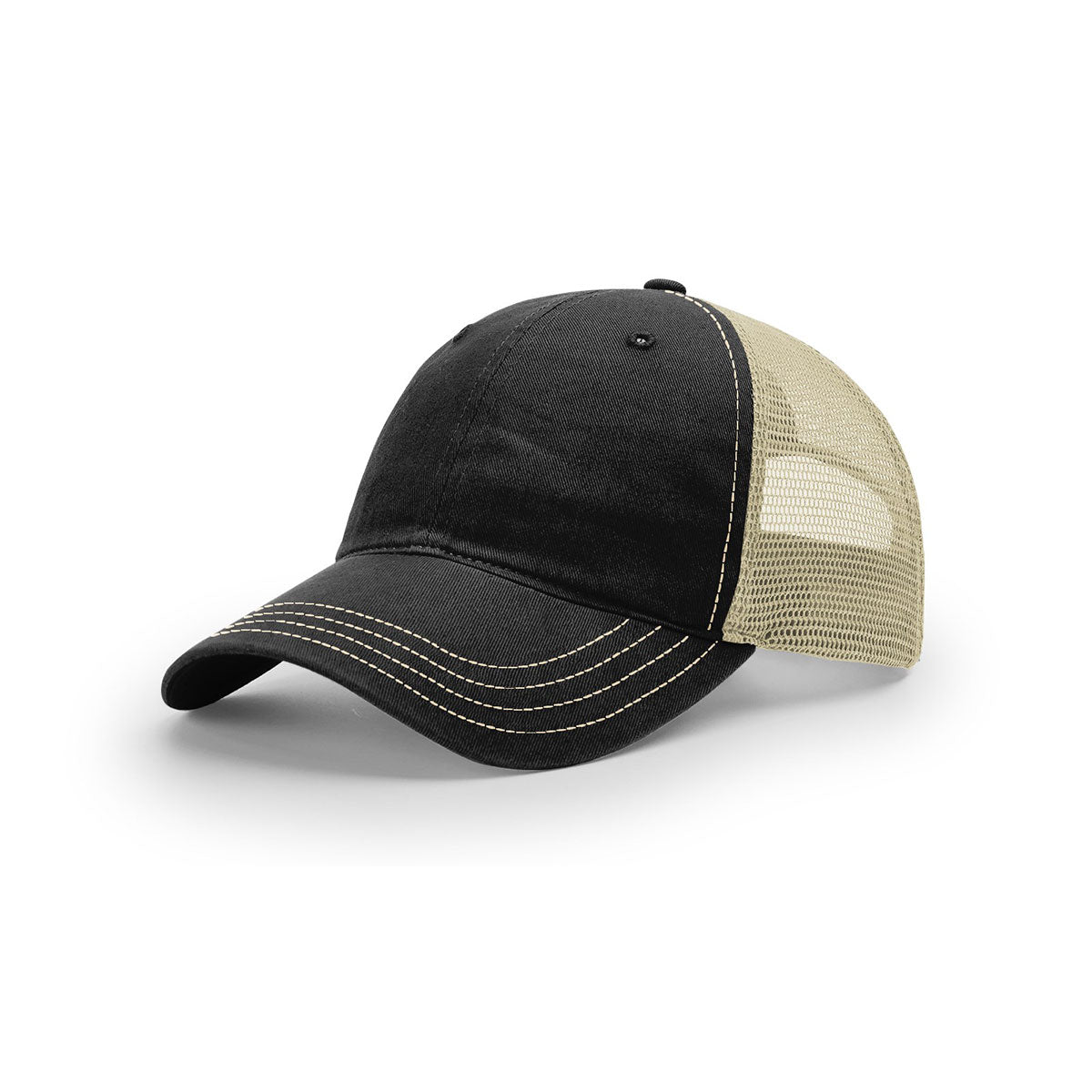 Richardson Black/Khaki Mesh Back Split Garment Washed Trucker Hat - Ideal for Outdoor Promotions