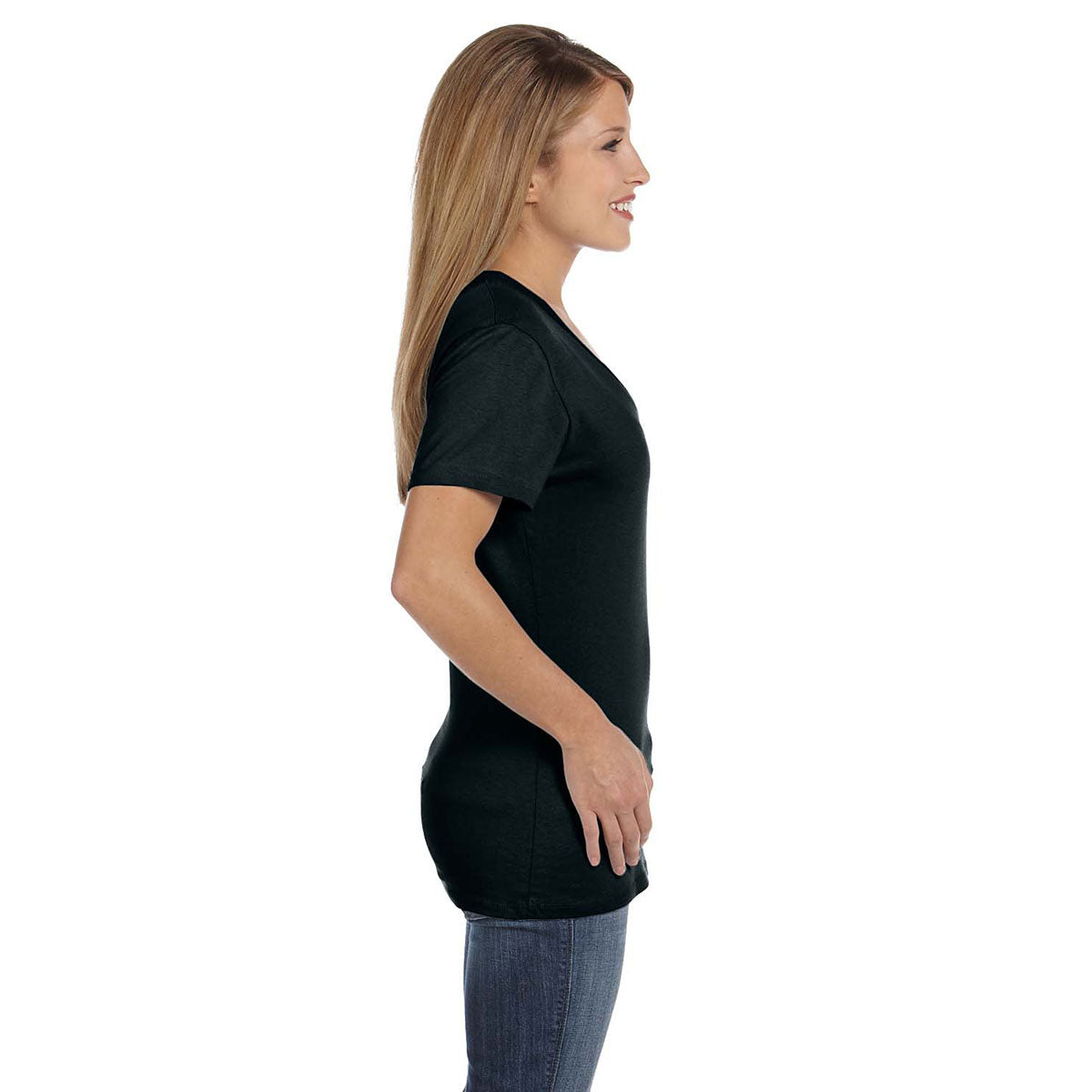 Hanes Women's Stunning Black 4.5 oz. 100% Ringspun Cotton nano-T V-Neck T-Shirt
