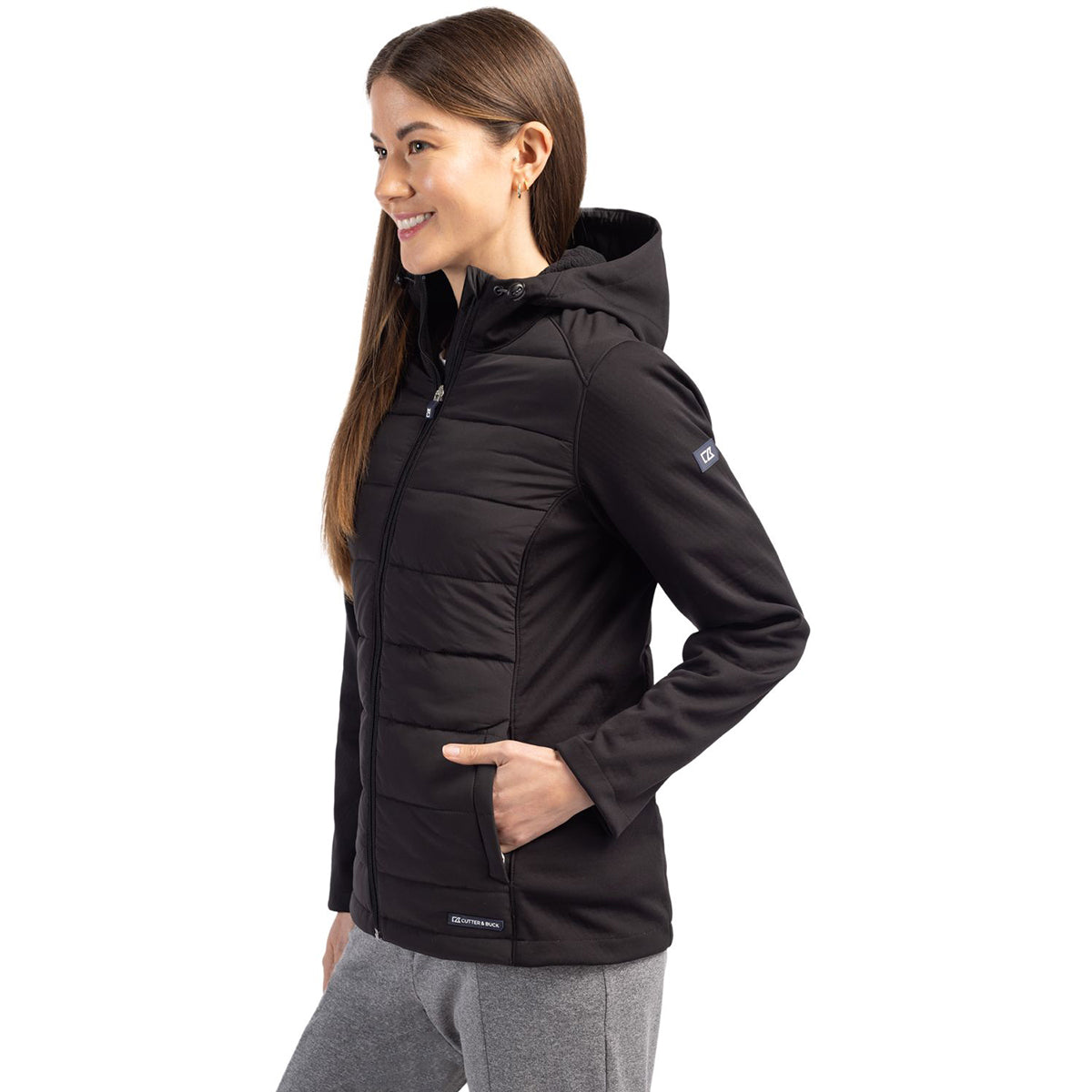 Cutter & Buck Women's Black Evoke Hybrid Eco Softshell: A Recycled Full Zip Hooded Jacket for Adventure