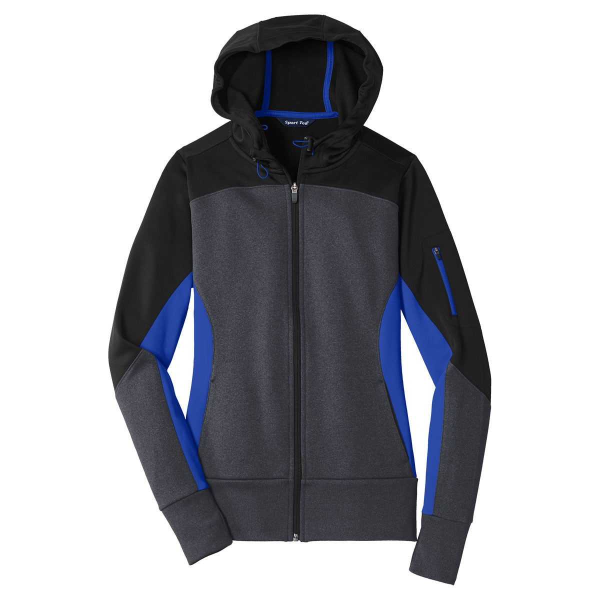 Sport-Tek Women's Stylish Tech Fleece Colorblock Full-Zip Hooded Jacket - Black/Graphite Heather/True Royal