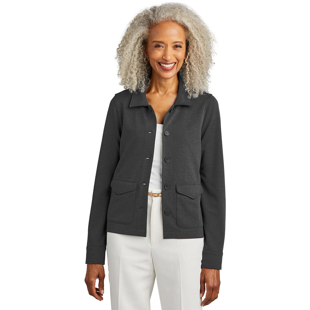 Brooks Brothers Women's Stylish Windsor Grey Heather Mid-Layer Stretch Button Jacket