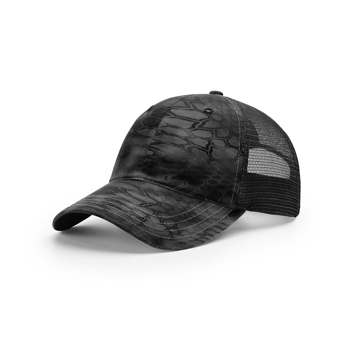 Richardson Typhon Black Mesh Back Trucker Hat: Camo Printed & Garment Washed