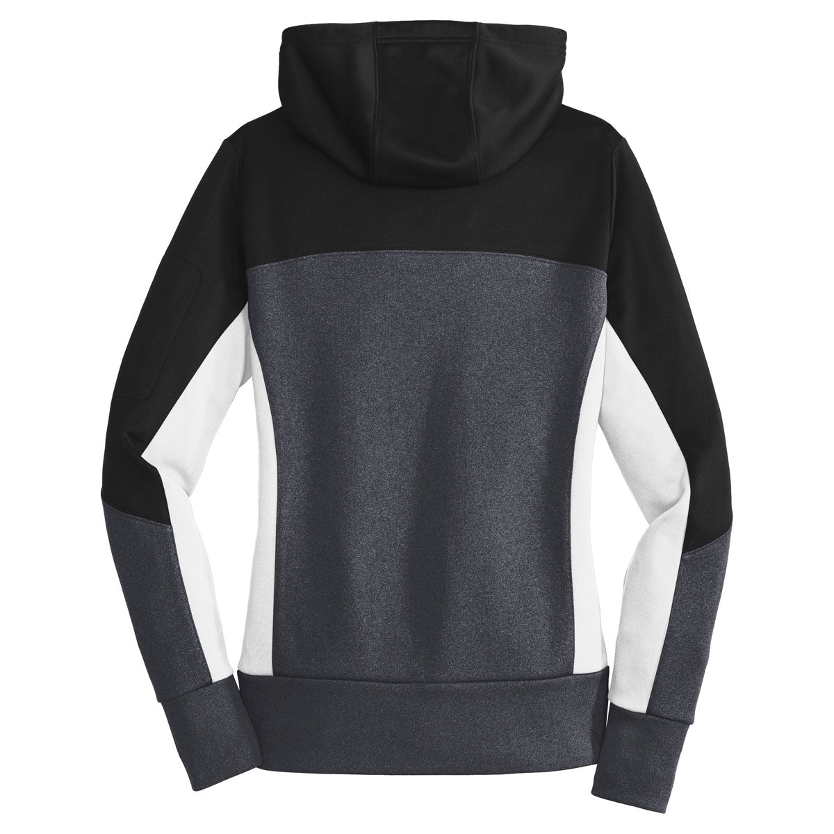 Sport-Tek Women's Stylish Tech Fleece Colorblock Full-Zip Hooded Jacket in Black/Graphite Heather/White