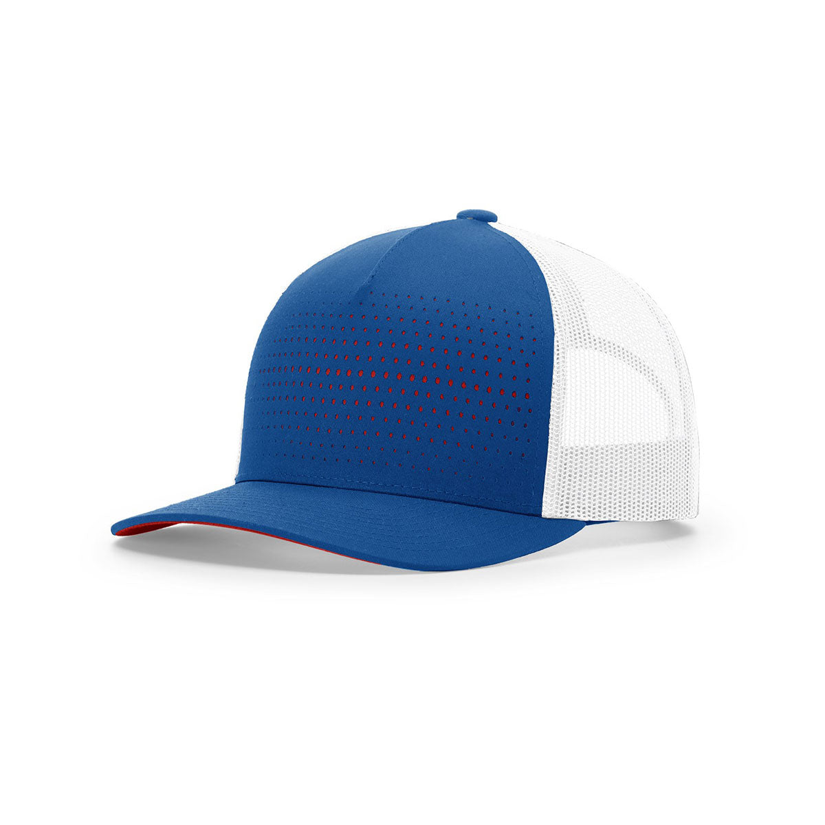 Richardson Sideline Laser Cut Five Panel Trucker Hat in Royal, White & Red