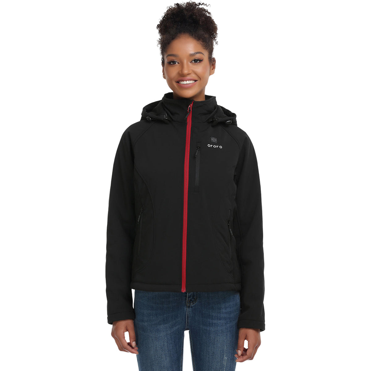 Ororo Women's Stylish Black Heated Jacket with Red Zipper