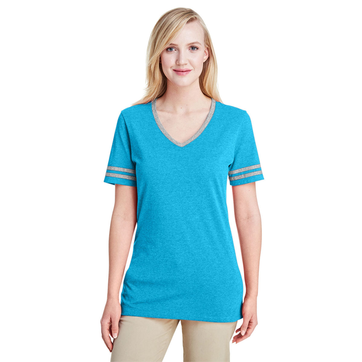 Jerzees Women's Caribbean Blue Heather/Oxford Tri-Blend Varsity V-Neck T-Shirt: A Stylish and Comfortable Choice!