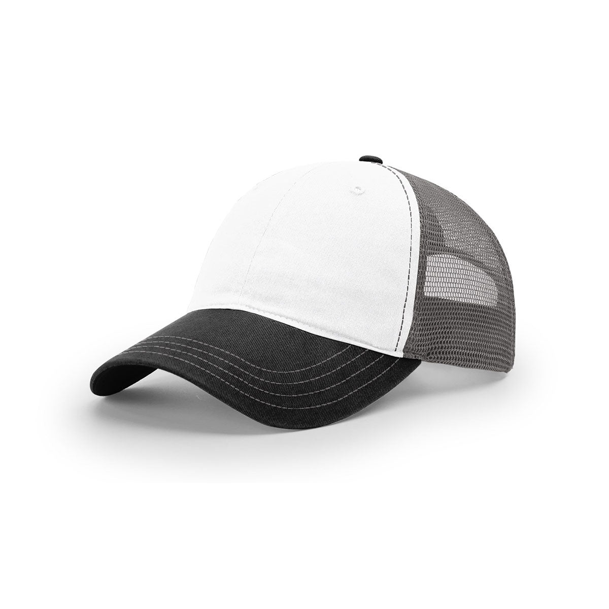 Richardson Tri-Color Mesh Back Garment-Washed Trucker Hat: White, Charcoal & Black