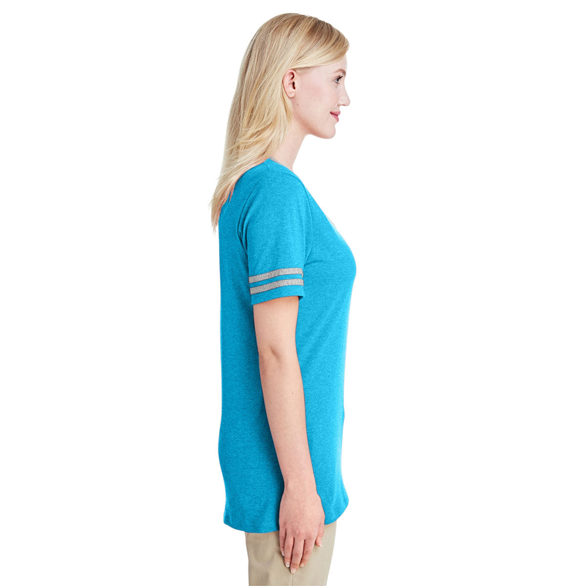 Jerzees Women's Caribbean Blue Heather/Oxford Tri-Blend Varsity V-Neck T-Shirt: A Stylish and Comfortable Choice!