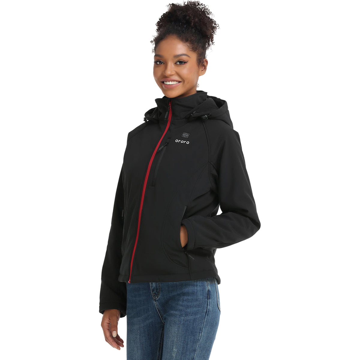 Ororo Women's Stylish Black Heated Jacket with Red Zipper