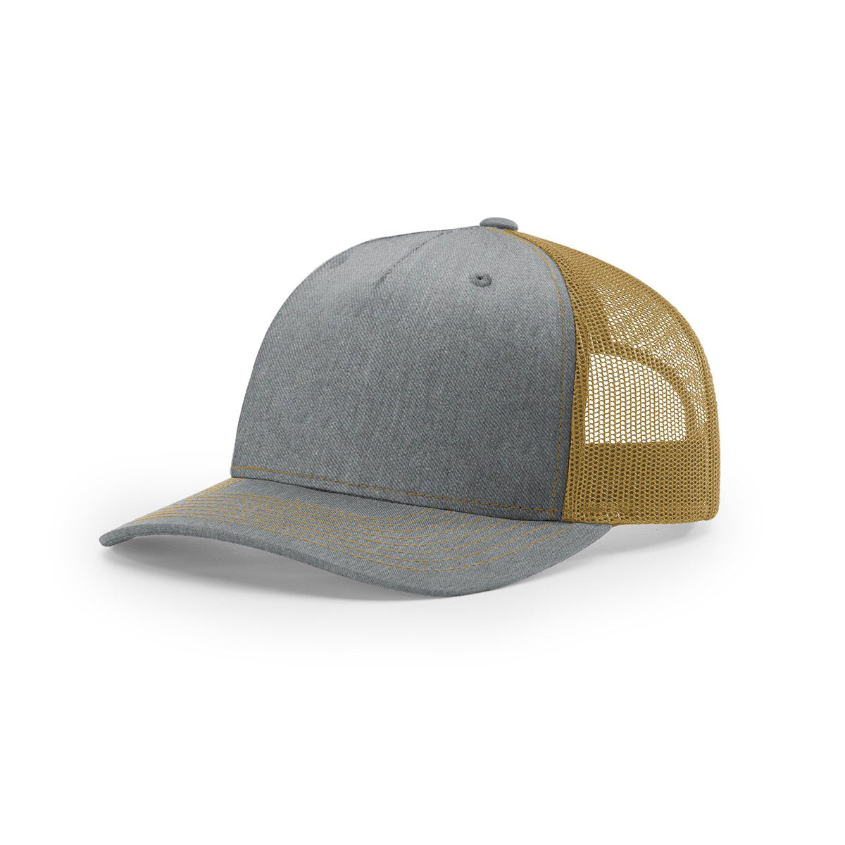 Richardson Heather Grey/Amber Gold Mesh Back 5-Panel Trucker Hat - Customizable for Brands and Teams