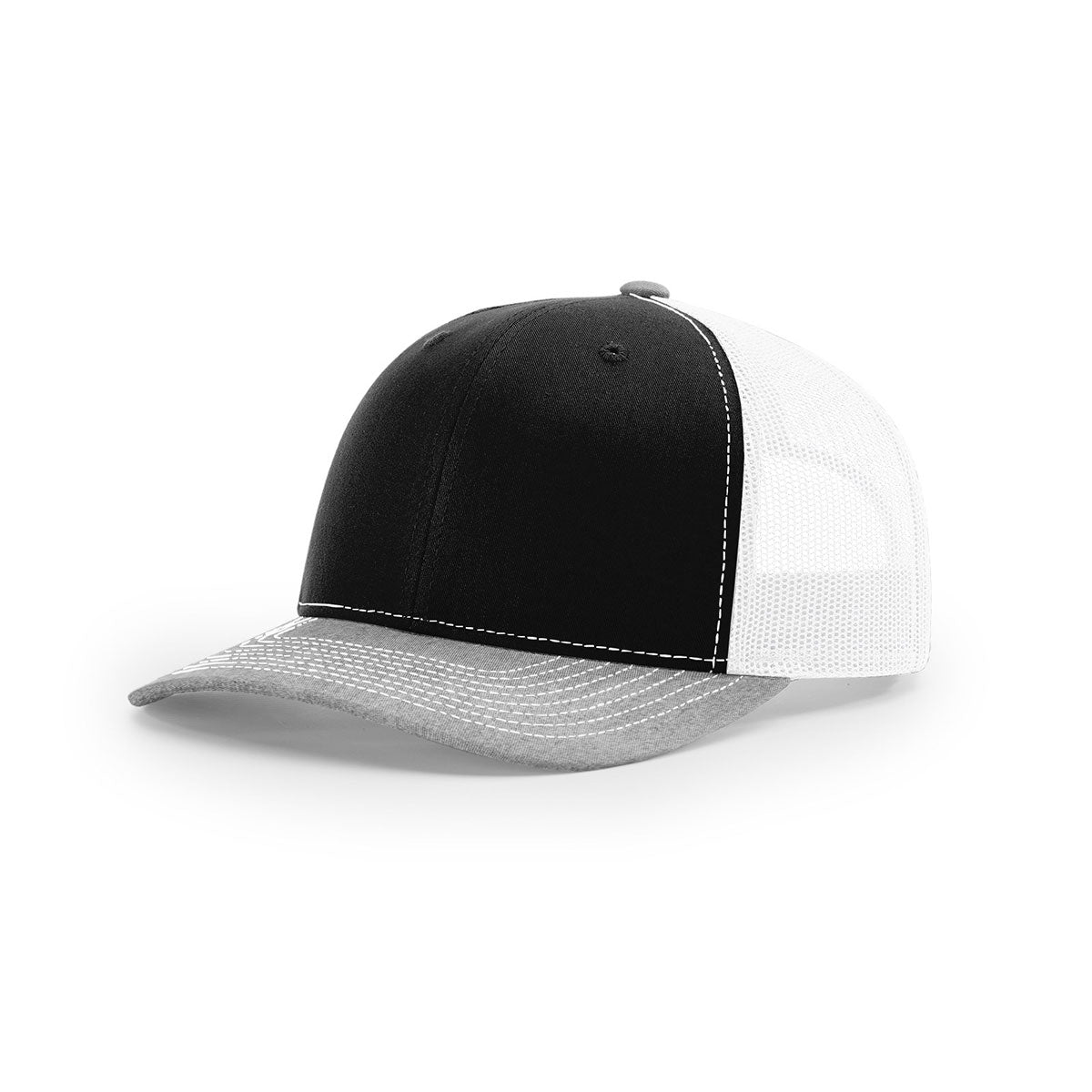 Richardson Tri - Color Mesh Back Trucker Hat: Black, White & Heather Grey