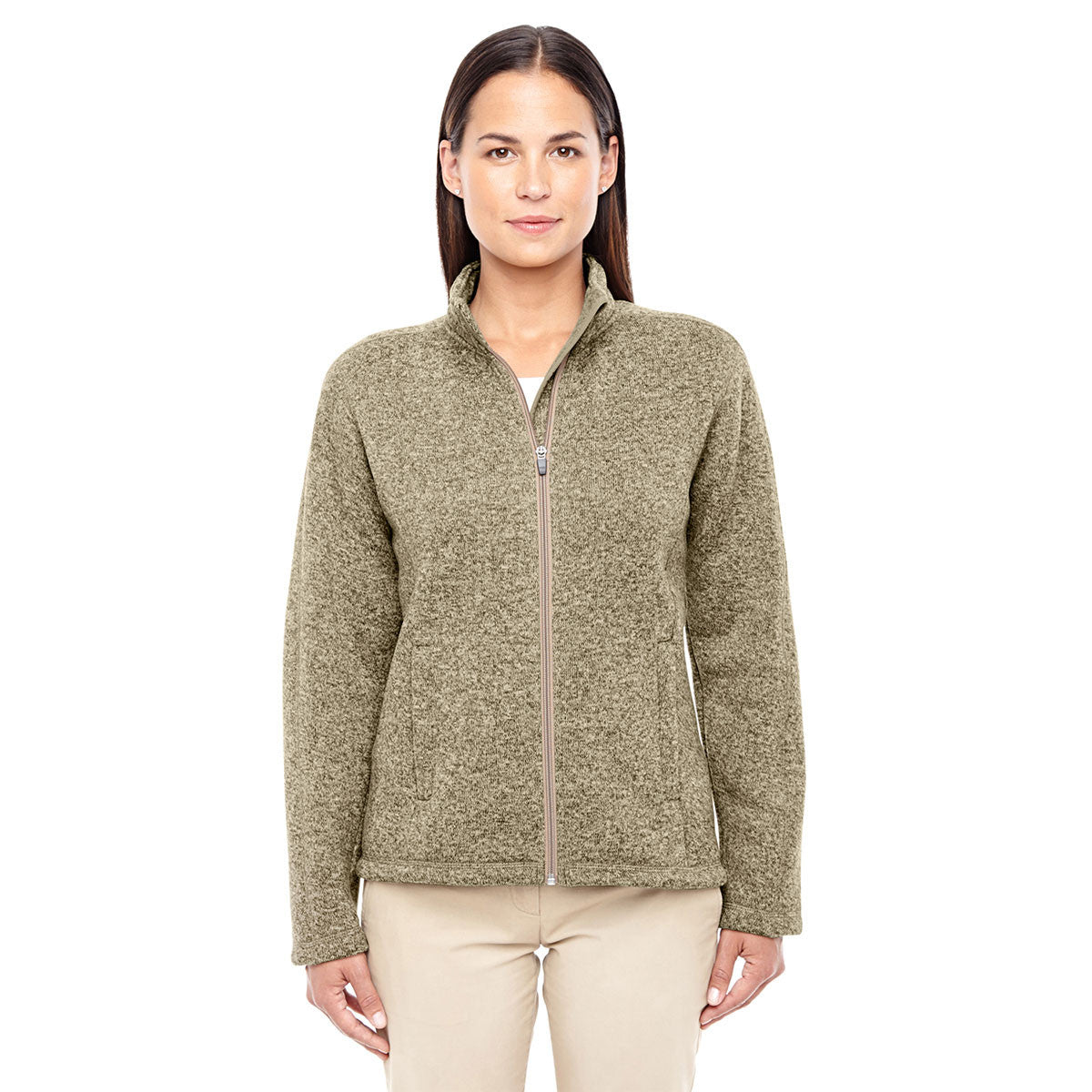 Devon & Jones Women's Stylish Khaki Heather Bristol Full-Zip Sweater Fleece Jacket